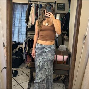 Blue flower and denim print double tier skirt